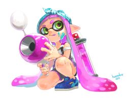 Rule 34 | 1girl, :q, absurdly long hair, artist name, bandana, black shorts, blue bandana, blue footwear, closed mouth, commentary request, dolphin shorts, full body, green eyes, hanako515 ika, highres, holding, holding weapon, ink tank (splatoon), inkling, inkling girl, inkling player character, long hair, looking to the side, luna blaster (splatoon), nintendo, on one knee, paint splatter, paint splatter on face, pink hair, pointy ears, shoes, shorts, simple background, sneakers, solo, splatoon (series), strap slip, tank top, tentacle hair, thick eyebrows, tongue, tongue out, twintails, very long hair, weapon, white background, white tank top