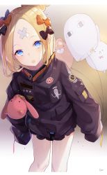 Rule 34 | 1girl, :o, abigail williams (fate), abigail williams (traveling outfit) (fate), absurdres, artist name, balloon, black bow, black jacket, blonde hair, blue eyes, bow, commentary request, crossed bandaids, fate/grand order, fate (series), fou (fate), hair bow, hair bun, head tilt, highres, holding, holding balloon, ion (on01e), jacket, leaning forward, long hair, long sleeves, looking at viewer, medjed (fate), hugging object, official alternate costume, open mouth, orange bow, parted bangs, polka dot, polka dot bow, signature, single hair bun, sleeves past fingers, sleeves past wrists, solo, star (symbol), stuffed animal, stuffed toy, teddy bear