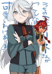 Rule 34 | 2girls, asticassia school uniform, can&#039;t be this cute, commentary request, crossed arms, grey eyes, grey hair, gundam, gundam suisei no majo, hair between eyes, long hair, looking at viewer, miorine rembran, multiple girls, pantyhose, red hair, school uniform, suletta mercury, translation request, white background, yamatomoti