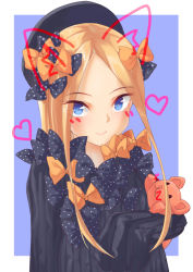 1girl abigail_williams_(fate) absurdres animal_ears black_bow black_hat blonde_hair blue_eyes blush bow cat_ears commentary_request dress facial_mark fake_animal_ears fate/grand_order fate_(series) forehead gguoddl hair_bow hat highres hugging_object long_hair long_sleeves looking_at_viewer orange_bow parted_bangs polka_dot polka_dot_bow simple_background sleeves_past_fingers sleeves_past_wrists smile solo stuffed_animal stuffed_toy tagme teddy_bear very_long_hair whisker_markings