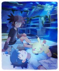 Rule 34 | 2boys, arm support, ash ketchum, barefoot, berry (pokemon), black hair, black shirt, brown hair, closed eyes, closed mouth, cloud, creatures (company), facepaint, game freak, gen 1 pokemon, gen 8 pokemon, highres, koko (pokemon), light beam, looking at another, lying, male focus, mei (maysroom), multiple boys, night, nintendo, on back, open mouth, oran berry, pikachu, pillow, pokemon, pokemon (anime), pokemon (creature), pokemon the movie: secrets of the jungle, shirt, short hair, short sleeves, shorts, sitting, skwovet, sky, sleeping, smile, t-shirt, toes, tongue, twitter username