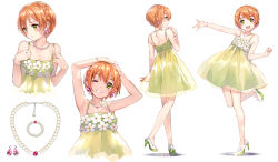 Rule 34 | 10s, 1girl, :t, ;d, bare shoulders, casual, character sheet, dress, earrings, female focus, flower, grin, high heels, highres, hoshizora rin, jewelry, love live!, love live! school idol festival, love live! school idol project, multiple views, necklace, one eye closed, open mouth, orange hair, plant, sheska xue, short hair, smile, upper body, white background