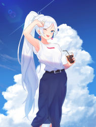 Rule 34 | 1girl, ;d, absurdres, arm up, armpits, belt, belt buckle, black belt, blouse, blue eyes, blue skirt, blue sky, buckle, cloud, copyright name, cumulonimbus cloud, cup, disposable cup, drink, drinking straw, highres, holding, holding cup, holding drink, long hair, long skirt, maguro (guromaguro), one eye closed, open mouth, ponytail, print shirt, rwby, shirt, shirt tucked in, short sleeves, skirt, sky, smile, solo, standing, very long hair, weiss schnee, white hair, white shirt