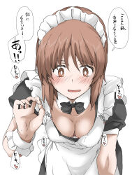 Rule 34 | 1girl, alternate costume, apron, blush, breasts, brown eyes, brown hair, claw pose, cleavage, dress, elf (stroll in the woods), girls und panzer, highres, looking at viewer, maid, maid apron, maid headdress, medium breasts, nishizumi miho, open mouth, short hair, simple background, smile, solo, sweat, white background