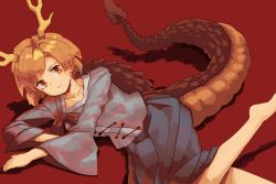 Rule 34 | 1girl, antlers, bare legs, barefoot, blonde hair, blue shirt, blue sky, closed mouth, collarbone, dragon girl, dragon horns, dragon tail, feet out of frame, highres, horns, kicchou yachie, long skirt, long sleeves, lying, red background, shirt, short hair, skirt, sky, tail, touhou, turtle shell, wasabisuke, wide sleeves, yellow eyes