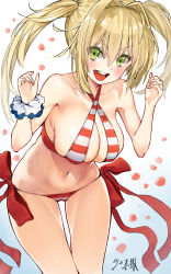 Rule 34 | &gt;:d, 1girl, :d, artist name, bikini, blonde hair, blush, breasts, cleavage, collarbone, cowboy shot, criss-cross halter, fate/grand order, fate (series), gradient background, green eyes, hair between eyes, hair intakes, halterneck, hands up, kawakami masaki, large breasts, long hair, looking at viewer, navel, nero claudius (fate), nero claudius (fate) (all), nero claudius (swimsuit caster) (fate), open mouth, petals, red bikini, rose petals, scrunchie, side-tie bikini bottom, sidelocks, signature, smile, solo, striped bikini, striped clothes, swimsuit, thighs, twintails, v-shaped eyebrows, wrist scrunchie