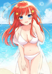 Rule 34 | 1girl, :d, absurdres, ahoge, bare arms, bare shoulders, beach, bikini, blue eyes, blue sky, blush, breasts, cleavage, cloud, collarbone, commentary request, day, go-toubun no hanayome, hair ornament, hand on own thigh, hand up, highres, horizon, jacket, leaning forward, long hair, medium breasts, nakano itsuki, navel, ocean, off shoulder, open clothes, open jacket, open mouth, outdoors, red hair, sand, see-through, side-tie bikini bottom, sky, smile, solo, star (symbol), star hair ornament, swimsuit, thigh gap, water, white bikini, yukiunag1
