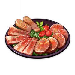 Rule 34 | artist request, bacon, cherry tomato, commentary, english commentary, food, food focus, game cg, genshin impact, ham, lettuce, lowres, meat, no humans, official art, sausage, simple background, still life, third-party source, tomato, transparent background, tray