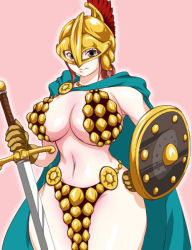 Rule 34 | 1girl, braid, breasts, brown eyes, cape, cleavage, female focus, helmet, huge breasts, large breasts, legs, long hair, looking at viewer, navel, one piece, pink hair, rebecca (one piece), shield, smile, solo, standing, thick thighs, thighs, weapon, wide hips
