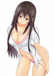 Rule 34 | 1girl, bent over, black hair, blush, bra, breasts, cleavage, cowboy shot, dress shirt, frown, large breasts, long hair, looking at viewer, muffin (sirumeria), navel, open clothes, original, panties, purple eyes, shirt, simple background, solo, underwear, undressing, white background