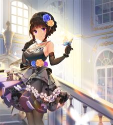 Rule 34 | 1girl, bad id, bad pixiv id, bang dream!, black choker, black dress, black gloves, black hair, black pantyhose, blue butterfly, blue flower, blunt bangs, blurry, blurry foreground, braid, breasts, bug, butterfly, butterfly on hand, choker, commentary, cowboy shot, dress, elbow gloves, floral print, flower, frilled dress, frills, gloves, hair flower, hair ornament, hairband, hand up, indoors, insect, jewelry, large breasts, light particles, light rays, looking at viewer, necklace, o n j i, pantyhose, purple eyes, purple flower, rose, sash, shirokane rinko, sidelocks, sleeveless, sleeveless dress, smile, solo, stairs, white butterfly, window, wrist cuffs, yellow flower