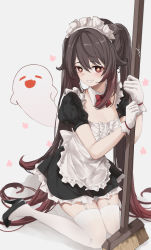Rule 34 | 1girl, absurdres, alternate costume, apron, black dress, black footwear, blush, broom, brown hair, detached collar, dress, enmaided, feint721, flower-shaped pupils, frilled apron, frills, full body, garter straps, genshin impact, ghost, gloves, grin, hair between eyes, high heels, highres, holding, holding broom, hu tao (genshin impact), long hair, looking at viewer, maid, maid apron, maid headdress, puffy short sleeves, puffy sleeves, red eyes, short sleeves, sitting, smile, solo, symbol-shaped pupils, thighhighs, twintails, very long hair, white background, white gloves, white thighhighs