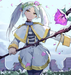 Rule 34 | 1girl, capelet, cloud, contrapposto, cowboy shot, crying, earrings, elf, flower, frieren, grey hair, highres, jewelry, looking at viewer, outstretched arm, petals, plant, pointy ears, ruins, sketch, smile, solo, sousou no frieren, staff, twintails, white background, wreath, yuxia (please6)