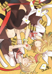 Rule 34 | 1boy, 1girl, bad id, bad pixiv id, blonde hair, brother and sister, card, floating card, hair ribbon, heart, hitobashira alice (vocaloid), kagamine len, kagamine rin, leopardtiger, ribbon, short hair, siblings, thighhighs, twins, vocaloid