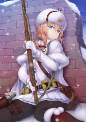 Rule 34 | 1girl, against wall, black pantyhose, blonde hair, blue eyes, bolt action, boots, bottle, brick wall, brown footwear, fur hat, fur trim, girls&#039; frontline, gloves, gun, hat, holding, holding gun, holding weapon, holster, knee boots, long hair, long sleeves, looking at viewer, molotov cocktail, mosin-nagant, mosin-nagant (girls&#039; frontline), oonaka ito, outdoors, pantyhose, pleated skirt, rifle, shawl, shirt, skirt, smile, snow, snowing, solo, thigh holster, ushanka, weapon, white gloves, white shirt, white skirt