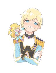 Rule 34 | 1boy, 1girl, averting eyes, blonde hair, blue eyes, blue jacket, blush, brother and sister, cheek poking, cropped torso, crossed arms, embarrassed, epaulettes, fugota6509, hair ornament, hand on own cheek, hand on own face, idol clothes, idol land pripara, idol time pripara, jacket, long hair, long sleeves, looking at another, mini person, minigirl, on shoulder, open mouth, poking, pretty series, pripara, purple eyes, short hair, siblings, simple background, sitting, smile, star (symbol), star hair ornament, sweatdrop, teasing, two side up, upper body, white background, yumekawa shogo, yumekawa yui