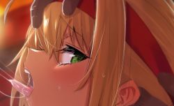 Rule 34 | 1girl, ahoge, blonde hair, blush, close-up, cum, cum in mouth, cum string, dark-skinned male, dark skin, fate/grand order, fate (series), green eyes, headband, looking at viewer, nero claudius (fate), nero claudius (fate) (all), nero claudius (fate/extra), nero claudius (olympian bloomers) (fate), official alternate costume, open mouth, sideways glance, solo focus, sweatdrop, tongue, tongue out, ulrich (tagaragakuin)