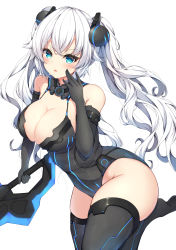 Rule 34 | 1girl, :o, bare shoulders, black gloves, black heart (neptunia), black leotard, black thighhighs, blue eyes, blush, breasts, choujigen game neptune, cleavage, elbow gloves, gloves, highres, holding, holding weapon, large breasts, leaning forward, leg up, leotard, long hair, looking at viewer, neptune (series), noire (neptunia), open mouth, power symbol, power symbol-shaped pupils, ryakusun, silver hair, simple background, skindentation, solo, standing, standing on one leg, symbol-shaped pupils, thighhighs, twintails, v-shaped eyebrows, very long hair, weapon, white background