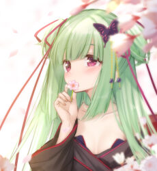 Rule 34 | 1girl, bare shoulders, black kimono, blurry, blurry foreground, butterfly hair ornament, cariboy, collarbone, commentary request, depth of field, flower, green hair, hair ornament, hair ribbon, hand up, holding, holding flower, japanese clothes, kimono, long hair, long sleeves, murasame (senren), off shoulder, petals, pink flower, purple eyes, purple ribbon, red ribbon, ribbon, senren banka, solo, upper body, white background, wide sleeves