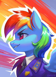 Rule 34 | 1girl, artist name, black necktie, blue fur, blue jacket, blue wings, collared shirt, from side, highres, jacket, long hair, mrscroup, multicolored hair, my little pony, my little pony: friendship is magic, necktie, no humans, outline, pegasus, pink eyes, rainbow background, rainbow dash, rainbow hair, shirt, solo, upper body, white outline, white shirt, wings