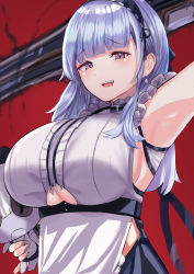 Rule 34 | 1girl, :d, absurdres, apron, arm up, armpits, azur lane, black hairband, blunt bangs, breasts, center frills, clothing cutout, dido (azur lane), doll, frills, hairband, highres, holding, holding doll, kanta (kanta 077), large breasts, long hair, looking at viewer, open mouth, purple eyes, red background, shirt, silver hair, simple background, sleeveless, sleeveless shirt, smile, solo, teeth, underboob, underboob cutout, underbust, upper body, upper teeth only, waist apron, white apron, white shirt