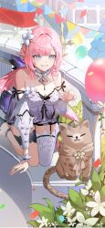 Rule 34 | 1girl, = =, alternate costume, animal, arm support, balloon, bare shoulders, blue eyes, breasts, can (honkai impact), cat, chinese commentary, chyoel, day, detached sleeves, elysia (honkai impact), flower, hair flower, hair ornament, highres, honkai (series), honkai impact 3rd, kneeling, long hair, medium breasts, official art, official wallpaper, outdoors, pink hair, plant, pointy ears, single thighhigh, thighhighs, white flower, white thighhighs