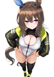 Rule 34 | 1girl, admire vega (umamusume), animal ears, breasts, brown hair, cleavage, closed mouth, commentary request, groin, hair between eyes, hair ornament, herohero (higashi no dou), highres, horse ears, horse girl, horse tail, jacket, looking at viewer, medium breasts, ponytail, purple eyes, simple background, smile, solo, standing, swimsuit, tail, thighhighs, umamusume, white background