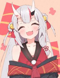 Rule 34 | 1girl, absurdres, bare shoulders, bell, blush, closed eyes, collarbone, commentary request, double bun, facing viewer, fang, grey hair, hair bell, hair bun, hair ornament, happy, highres, hololive, horns, japanese clothes, long hair, multicolored hair, nakiri ayame, nakiri ayame (1st costume), oni, open mouth, red hair, sen (sen42724788), skin-covered horns, skin fang, smile, solo, streaked hair, tassel, tassel hair ornament, two side up, upper body, virtual youtuber