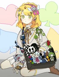 Rule 34 | 1girl, bbunny, black bag, blonde hair, blush, brown footwear, brown gloves, brown ribbon, character badge, character doll, character hair ornament, closed mouth, decora, earrings, gloves, green eyes, grey sweater, hair ornament, hairband, heart, heart earrings, jewelry, king of greed, knight of despair, library of ruina, long sleeves, looking at viewer, medium hair, neck ribbon, nihil (project moon), pink hairband, project moon, queen of hatred, ribbon, ring, servant of wrath, shoes, sitting, skirt, socks, spade hair ornament, sweater, tiphereth a (project moon), wariza, white skirt, white socks