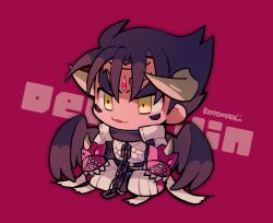 Rule 34 | 1boy, bandages, black hair, black wings, chain, character name, chibi, devil jin, facial mark, forehead jewel, gloves, grey horns, horns, kazama jin, kotorai, looking ahead, male focus, no nose, parted lips, red background, red gloves, short hair, signature, sitting, solo, studded gloves, tekken, v-shaped eyebrows, wings, yellow eyes