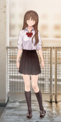 Rule 34 | 1girl, black skirt, black socks, blurry, blurry background, blush, bow, bowtie, brown eyes, brown hair, chain-link fence, closed mouth, collared shirt, depth of field, female focus, fence, full body, highres, kneehighs, light smile, loafers, long hair, looking at viewer, medium skirt, original, outdoors, pleated skirt, red bow, red bowtie, school uniform, serafuku, shirt, shoes, skirt, socks, solo, standing, white shirt, white wristband, wristband, yewang19