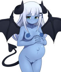 Rule 34 | 1girl, arms under breasts, blue eyes, blue nipples, blue skin, blush, breasts, censored, cleft of venus, closed mouth, colored nipples, colored skin, demon girl, demon tail, demon wings, hair ornament, horns, idolmaster, idolmaster million live!, idolmaster million live! theater days, kevin.g.tuck, navel, nipples, nude, pregnant, pussy, shiny skin, shiraishi tsumugi, simple background, small breasts, solo, tail, white background, white hair, wings