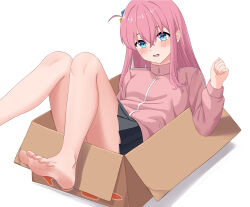 Rule 34 | 1girl, absurdres, barefoot, black skirt, blue eyes, blush, bocchi the rock!, box, cardboard box, commentary request, feet, foot out of frame, gotoh hitori, hair ornament, hand up, highres, in box, in container, jacket, knees together feet apart, knees up, legs, long hair, long sleeves, looking at viewer, lying, miniskirt, on back, open mouth, pink jacket, pinkiuzu, pleated skirt, poster (object), shadow, sidelocks, simple background, skirt, soles, solo, thighs, toenails, toes, track jacket, white background
