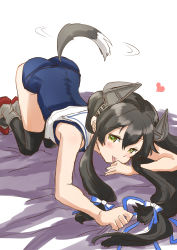 Rule 34 | 1girl, afterimage, all fours, black hair, black thighhighs, blouse, commentary request, crop top, dog tail, fuji (pixiv24804665), green eyes, hair ribbon, headgear, highres, i-47 (kancolle), kantai collection, long hair, looking at viewer, low-tied long hair, ribbon, rudder footwear, sailor collar, sailor shirt, school swimsuit, see-through, see-through skirt, shirt, sidelocks, simple background, skirt, sleeveless, sleeveless shirt, solo, swimsuit, tail, tail wagging, thighhighs, tress ribbon, white background, white sailor collar