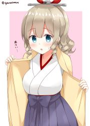 Rule 34 | 10s, 1girl, blue eyes, blush, chaa (korone-ze), commentary request, drill hair, furisode, hair ornament, hair ribbon, hatakaze (kancolle), highres, japanese clothes, kantai collection, kimono, light brown hair, meiji schoolgirl uniform, open mouth, pink background, ribbon, solo, twitter username