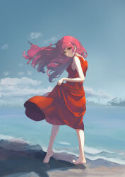 Rule 34 | 1girl, absurdres, alternate costume, alternate hairstyle, bare arms, bare shoulders, barefoot, beach, closed mouth, cocktail dress, commentary request, dress, earrings, from behind, from side, full body, hair down, heterochromia, highres, hololive, houshou marine, jewelry, long dress, long hair, looking at viewer, ocean, outdoors, red dress, red eyes, red hair, rikkusu, shore, skirt hold, smile, solo, virtual youtuber, yellow eyes
