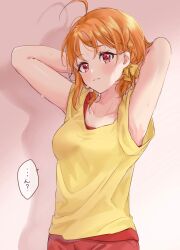 Rule 34 | 1girl, ahoge, armpits, arms behind head, arms up, bow, braid, chigusa minori, commentary request, hair bow, highres, light frown, looking at viewer, love live!, love live! sunshine!!, orange hair, partial commentary, red eyes, shadow, shirt, short hair, short sleeves, side braid, solo, sweat, t-shirt, takami chika, translated, upper body, yellow bow, yellow shirt