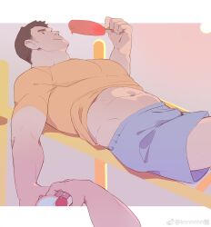 Rule 34 | 2boys, bara, bottle, clothes lift, facial hair, feet out of frame, food, highres, ice cream, kn (10112650), large pectorals, male focus, multiple boys, muscular, muscular male, navel, original, pectorals, profile, shirt, shirt lift, shorts, sideburns stubble, sideways glance, smile, solo focus, stomach, stubble, t-shirt, thick eyebrows, water bottle, yaoi