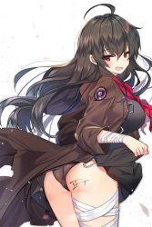 Rule 34 | 1girl, ahoge, ass, bad id, bad pixiv id, bandaged leg, bandages, black hair, black panties, black skirt, blush, body writing, brown jacket, clothes lift, commentary request, highres, iris yuma, jacket, korean commentary, long hair, looking at viewer, looking back, maett, open mouth, panties, red eyes, red neckwear, skirt, skirt lift, solo, soulworker, tally, underwear