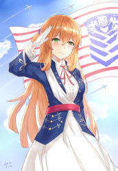 Rule 34 | 1girl, absurdres, aircraft, airplane, blue sky, blush, breasts, brown hair, cloud, collared jacket, collared shirt, cowboy shot, dated, day, dress, enico, flag, girls&#039; frontline, gloves, green eyes, hair between eyes, hair ribbon, hair rings, half-closed eyes, highres, jacket, long hair, long sleeves, looking away, medium breasts, military, military uniform, neck ribbon, one eye closed, open mouth, ponytail, red ribbon, ribbon, salute, sash, shirt, sidelocks, signature, sky, smile, solo, springfield (girls&#039; frontline), standing, tareme, uniform, white dress