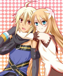 Rule 34 | 00s, 1boy, 1girl, argyle, argyle background, argyle clothes, blonde hair, blue eyes, brown hair, daybreak, emil castagnier, fang, flower, hair ornament, hetero, hug, long hair, lowres, marta lualdi, red eyes, scarf, smile, tales of (series), tales of symphonia, tales of symphonia: dawn of the new world