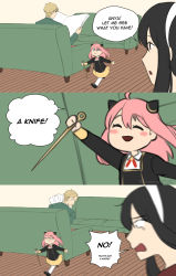 Rule 34 | 1boy, 2girls, ahoge, anya (spy x family), arm up, black hair, blonde hair, blush, child, commentary, couch, dagger, eden academy school uniform, father and daughter, flamingo (eme324), hairband, highres, holding, holding knife, horn ornament, horns, husband and wife, knife, meme, mother and daughter, multiple girls, newspaper, open mouth, pink hair, reading, school uniform, spy x family, standing, sweatdrop, twilight (spy x family), weapon, white hairband, yor briar