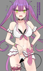 Rule 34 | 1girl, bare shoulders, bikini, blush, bracelet, breasts, chinese text, choker, cleavage, clothes lift, demon girl, demon tail, earrings, fangs, female focus, fingernails, green eyes, grey background, h2o (ddks2923), hair ornament, hairclip, hand on own hip, highres, hololive, jewelry, large breasts, long hair, looking at viewer, medium breasts, nail polish, navel, navel piercing, o-ring, o-ring choker, open mouth, piercing, pleated skirt, purple hair, purple nails, simple background, skirt, skirt lift, solo, standing, swimsuit, tail, tattoo, tokoyami towa, translation request, twintails, very long hair, virtual youtuber, white bikini, yellow nails