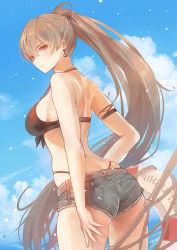 Rule 34 | 1girl, anchor earrings, ass, azur lane, bikini, bikini under clothes, blue sky, breasts, brown bikini, butt crack, cutoff jeans, cutoffs, earrings, from behind, front-tie bikini top, front-tie top, hammock, high ponytail, highres, jean bart (azur lane), jean bart (private apres midi) (azur lane), jewelry, lifebuoy, light brown hair, long hair, medium breasts, micro shorts, official alternate costume, outdoors, red eyes, sea nami, short shorts, shorts, side-tie swimsuit, sky, solo, standing, swim ring, swimsuit, thighs, very long hair, white innertube