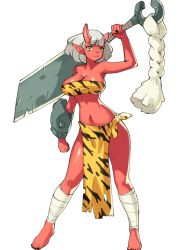 Rule 34 | 1girl, bandaged leg, bandages, barefoot, bikini, black nails, blunt bangs, bracer, breasts, cleavage, colored skin, contrapposto, fingernails, full body, hand up, highres, holding, holding sword, holding weapon, horns, large breasts, looking at viewer, nail polish, navel, oni, oni horns, original, over shoulder, pelvic curtain, red skin, short hair, silver hair, simple background, solo, standing, striped bikini, striped clothes, swimsuit, sword, toenail polish, toenails, vins-mousseux, weapon, weapon over shoulder, white background, yellow eyes