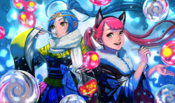Rule 34 | 2girls, animal ears, blue eyes, blue hair, bracelet, blowing bubbles, cat ears, circlet, digitalome, drinking straw, earrings, flask, high ponytail, highres, japanese clothes, jewelry, kimono, long hair, multiple girls, new year, nose, obi, omeno (digitalome), original, pink hair, sash, scarf, scrunchie, smile, soap bubbles, twintails, wide sleeves, yellow eyes