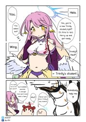 Rule 34 | 2koma, 3girls, absurdres, ahoge, angel wings, arm tattoo, binah (blue archive), blue archive, cherino (blue archive), comic, commentary, crossover, double bun, elbow gloves, english commentary, english text, fake facial hair, fake mustache, feathered wings, gloves, hair between eyes, hair bun, halo, head wings, highres, jibril (no game no life), kaijuu, long hair, looking at another, looking at viewer, maki (blue archive), multiple girls, navel, no game no life, pink hair, purple gloves, red hair, sesield, sidelocks, sketch, sleeveless, stomach, sweatdrop, tattoo, very long hair, wings, yellow eyes