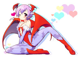 Rule 34 | 1girl, animal print, bare shoulders, bat print, bat wings, blush, boots, breasts, cameltoe, capcom, cleavage, cleavage cutout, clothing cutout, covered erect nipples, demon girl, elbow gloves, fingerless gloves, gloves, head wings, heart, leotard, lilith aensland, one eye closed, pandaki (aki), pantyhose, print pantyhose, purple hair, red eyes, short hair, small breasts, solo, tate machi, underboob, vampire (game), wings, wink