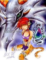 Rule 34 | animal ears, breath of fire, breath of fire ii, cat ears, cat tail, dragon, green eyes, highres, horns, rinpoo chuan, tail, tears, tiger stripes