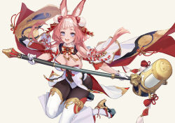Rule 34 | animal ears, animal print, bell, blue eyes, bow, breasts, bright pupils, cleavage, detached collar, flower, gloves, hair flower, hair ornament, highres, holding, holding weapon, large breasts, long hair, looking at viewer, mallet, multicolored hair, open mouth, original, pantyhose, pink hair, platform footwear, rabbit ears, rabbit print, red bow, rope, sidelocks, thighhighs, u jie, waist cape, weapon, white background, white gloves, white hair, white pupils, white thighhighs, wide sleeves